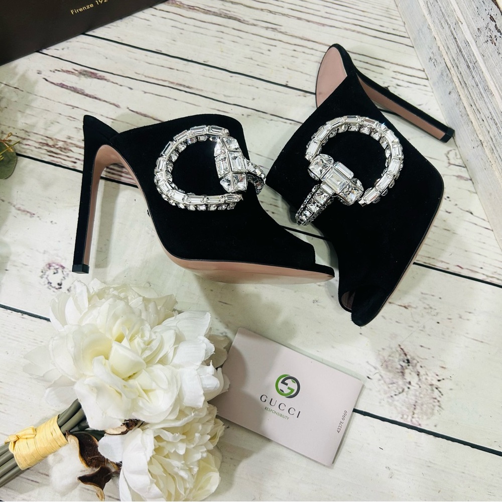 Gucci Black Suede Maxime bling Crystal Icon Bit Peep Toe Mules heels